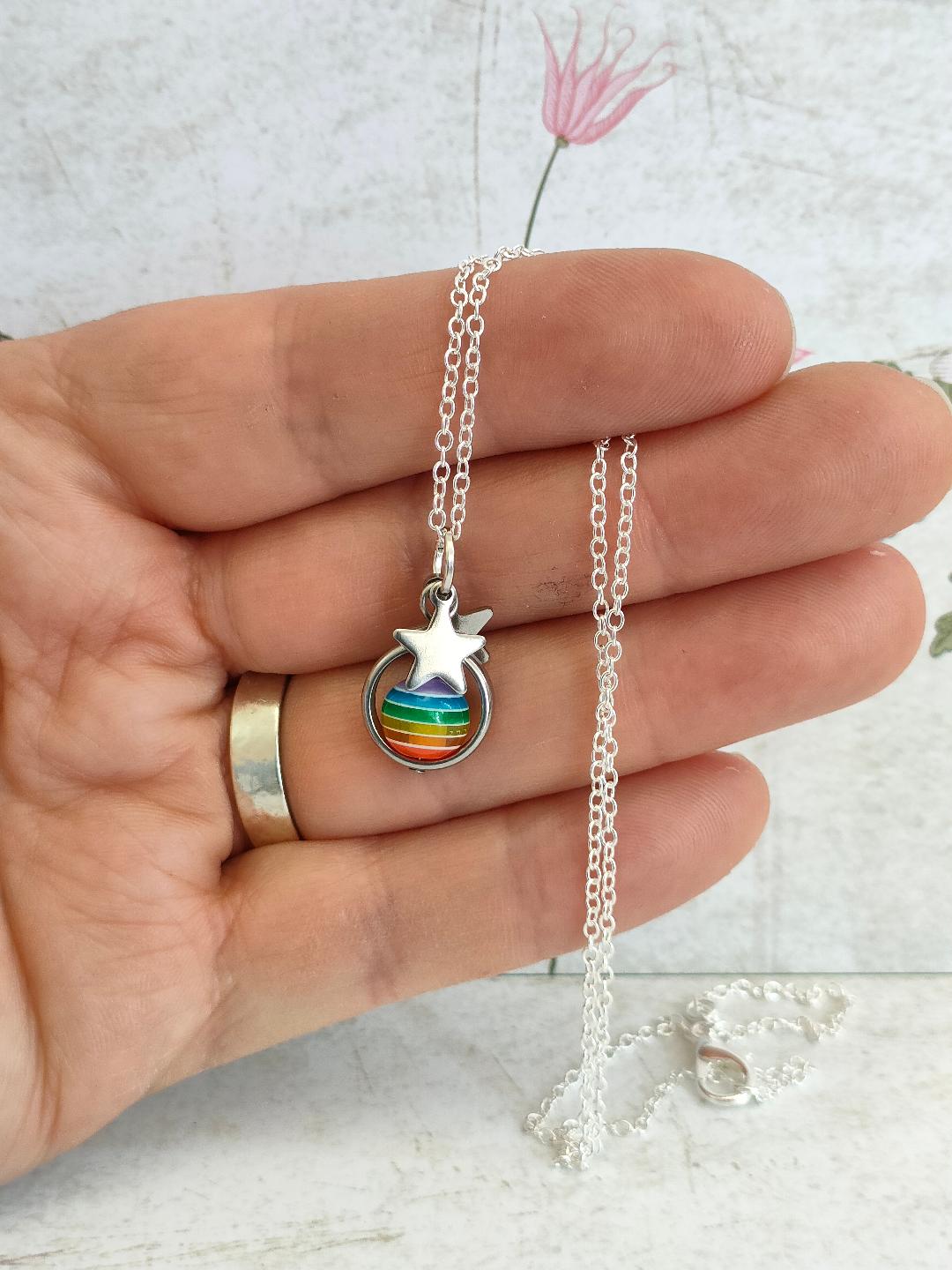 Fidget Necklaces, Rainbow Bead LGBTQ Fidget Jewellery with Stainless Steel Stars, Worry Jewellery.