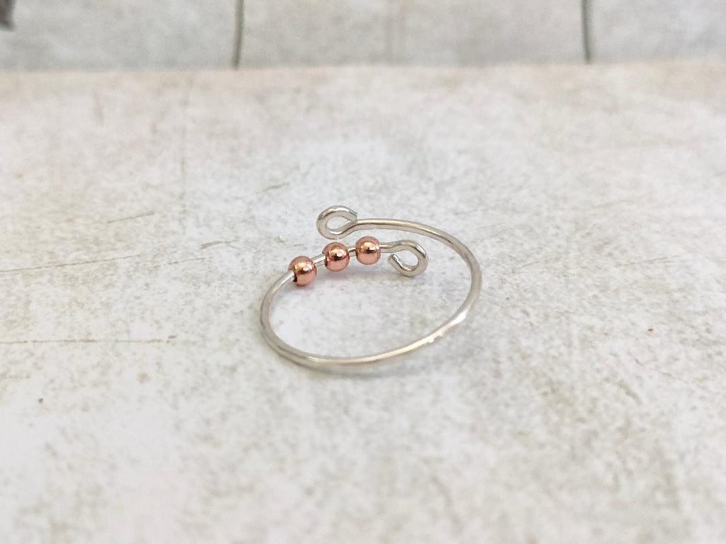 925 Sterling Silver Thumb Fidget ring with 3x Rose Gold plated beads. Silver 925 Anxiety Ring.(1mm thick)