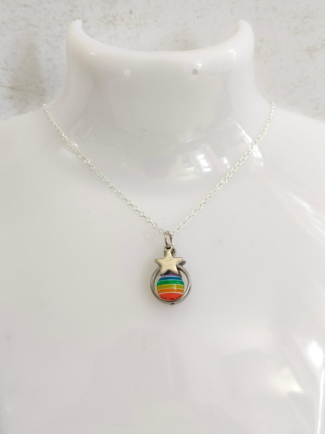 Fidget Necklaces, Rainbow Bead LGBTQ Fidget Jewellery with Stainless Steel Stars, Worry Jewellery.