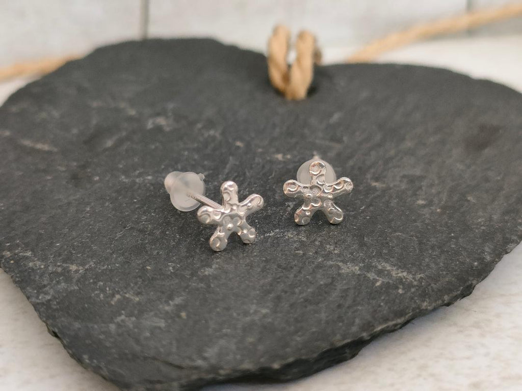 Silver 925 Star Studs with a flower etched print, Tiny 925 studs (Stamped)