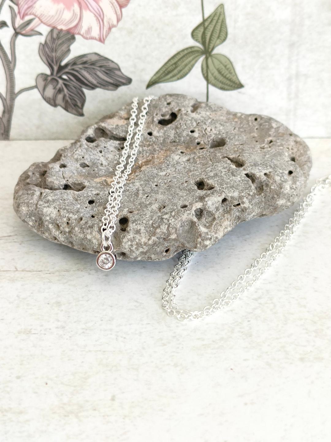 Cubic Zirconia Necklace, Tiny Round CZ Pendant Necklace, Dainty Silver 925 Necklace, Gemstone Necklace for her
