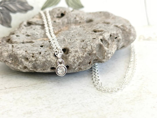 Cubic Zirconia Necklace, Tiny Round CZ Pendant Necklace, Dainty Silver 925 Necklace, Gemstone Necklace for her