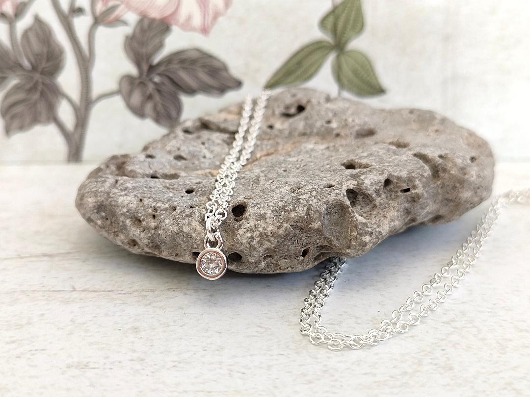 Cubic Zirconia Necklace, Tiny Round CZ Pendant Necklace, Dainty Silver 925 Necklace, Gemstone Necklace for her
