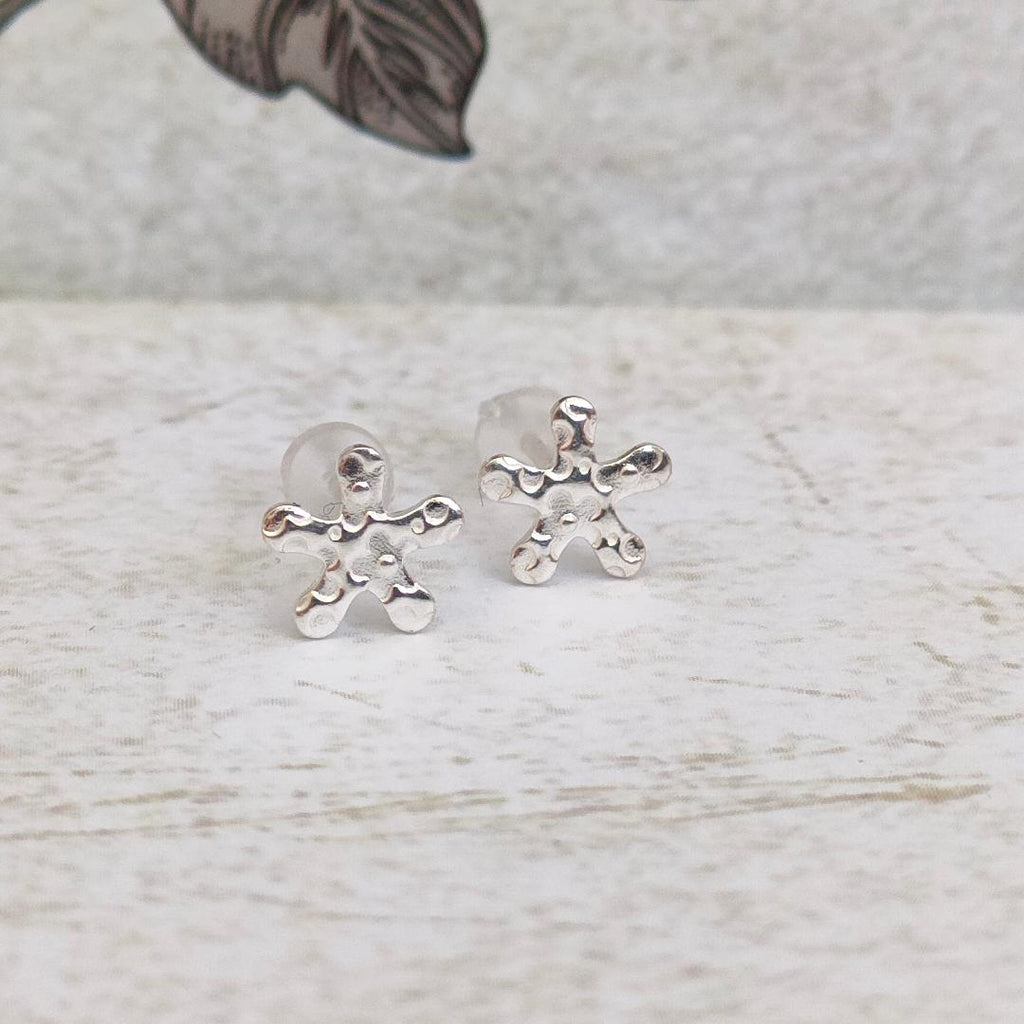 Silver 925 Star Studs with a flower etched print, Tiny 925 studs (Stamped)
