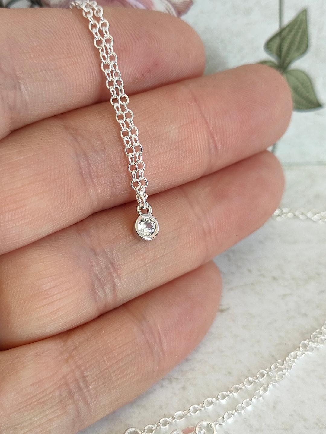 Cubic Zirconia Necklace, Tiny Round CZ Pendant Necklace, Dainty Silver 925 Necklace, Gemstone Necklace for her