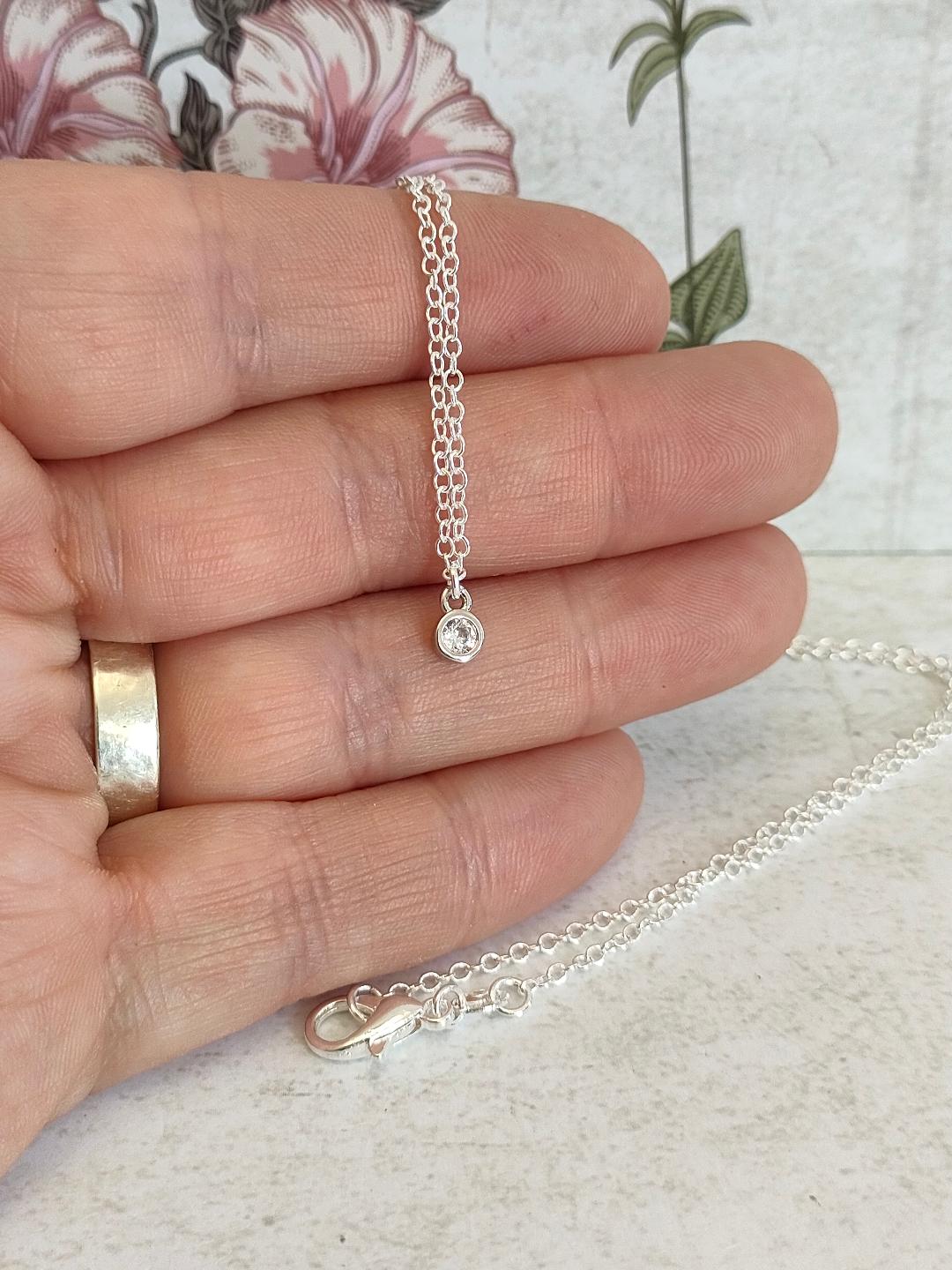 Cubic Zirconia Necklace, Tiny Round CZ Pendant Necklace, Dainty Silver 925 Necklace, Gemstone Necklace for her