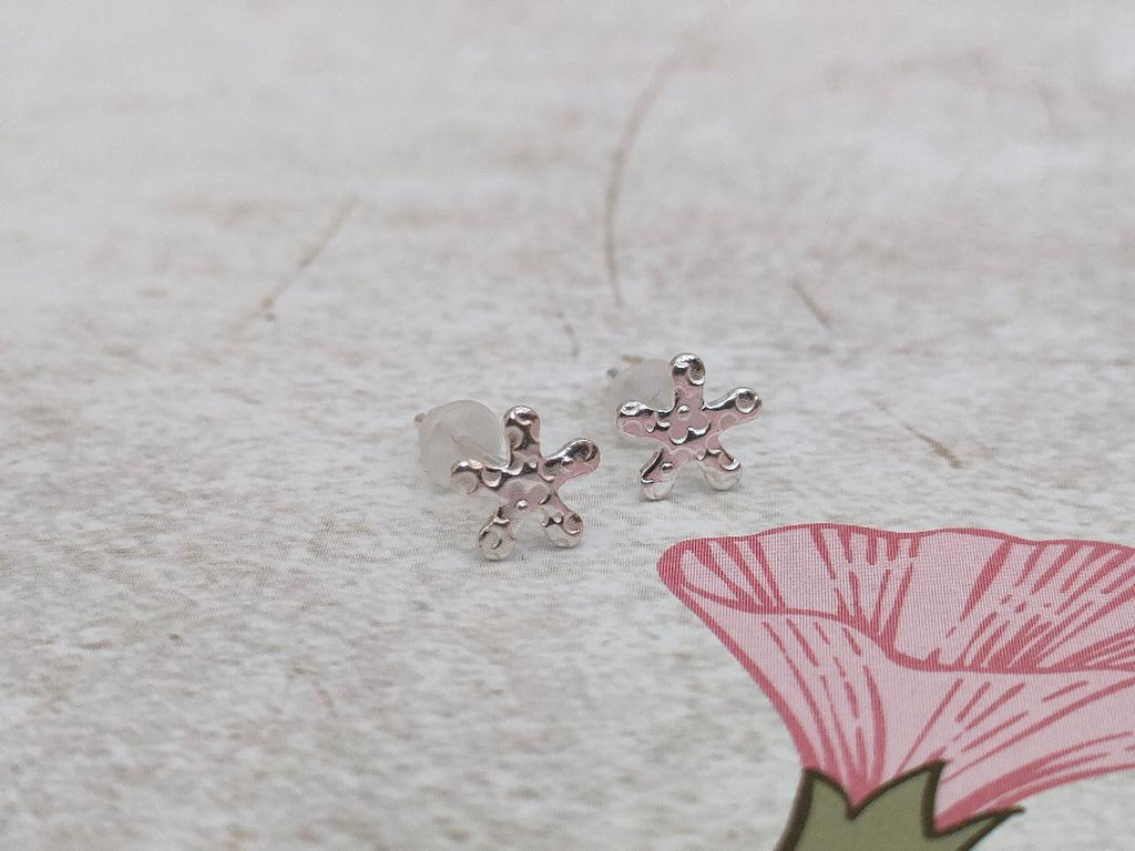 Silver 925 Star Studs with a flower etched print, Tiny 925 studs (Stamped)