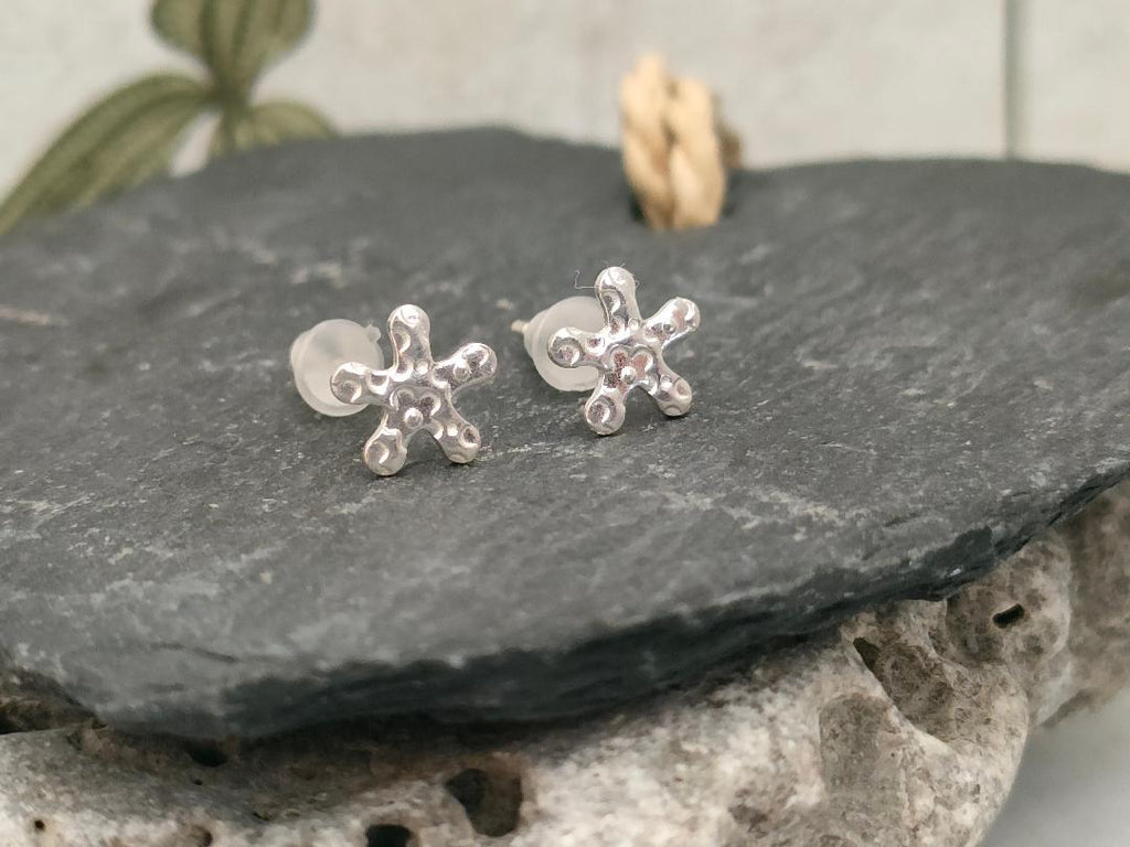 Silver 925 Star Studs with a flower etched print, Tiny 925 studs (Stamped)