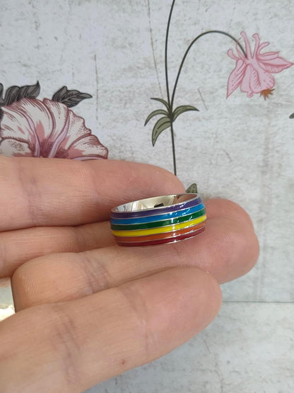 Chunky Stripy Rainbow Pride Ring, LGBTQ Jewellery, 304 Stainless Steel Jewellery, Hypoallergenic rings for women