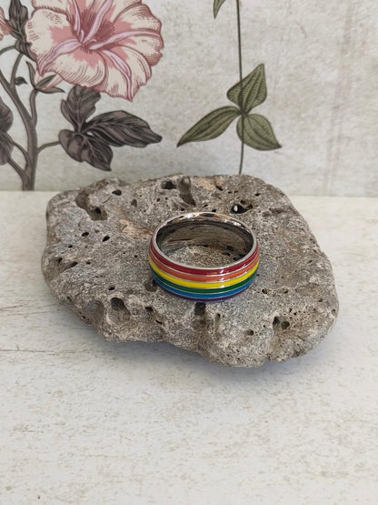 Chunky Stripy Rainbow Pride Ring, LGBTQ Jewellery, 304 Stainless Steel Jewellery, Hypoallergenic rings for women