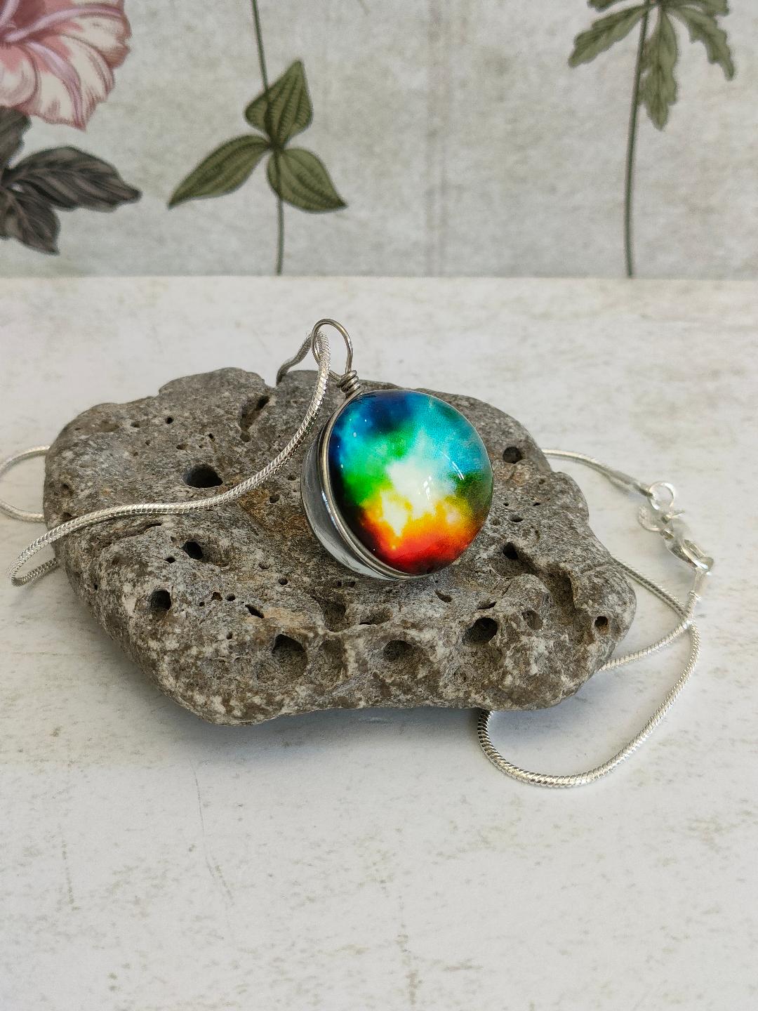 Rainbow Pendant, Wire wrapped Glass Globe Necklace, Glass Silver Pendant, Galaxy Themed Necklaces, Glass Ball Jewellery, Gift for Mum.