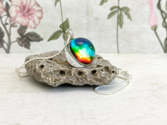 Rainbow Pendant, Wire wrapped Glass Globe Necklace, Glass Silver Pendant, Galaxy Themed Necklaces, Glass Ball Jewellery, Gift for Mum.