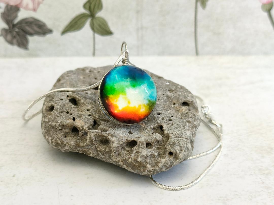 Rainbow Pendant, Wire wrapped Glass Globe Necklace, Glass Silver Pendant, Galaxy Themed Necklaces, Glass Ball Jewellery, Gift for Mum.