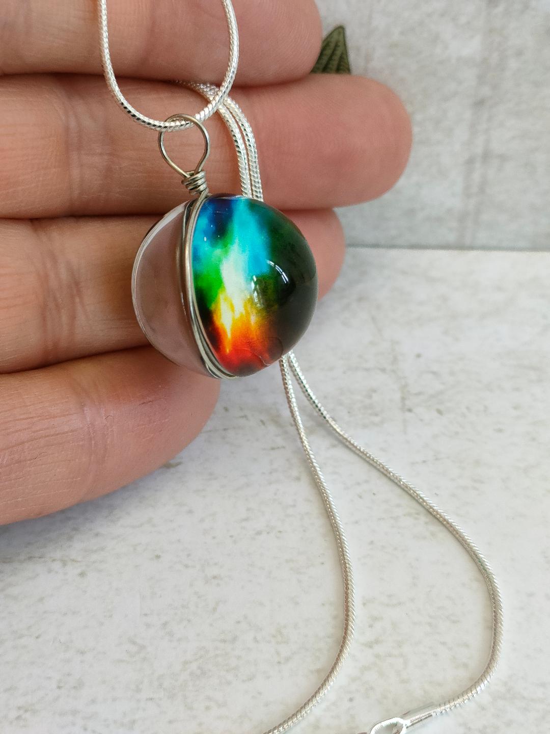 Rainbow Pendant, Wire wrapped Glass Globe Necklace, Glass Silver Pendant, Galaxy Themed Necklaces, Glass Ball Jewellery, Gift for Mum.