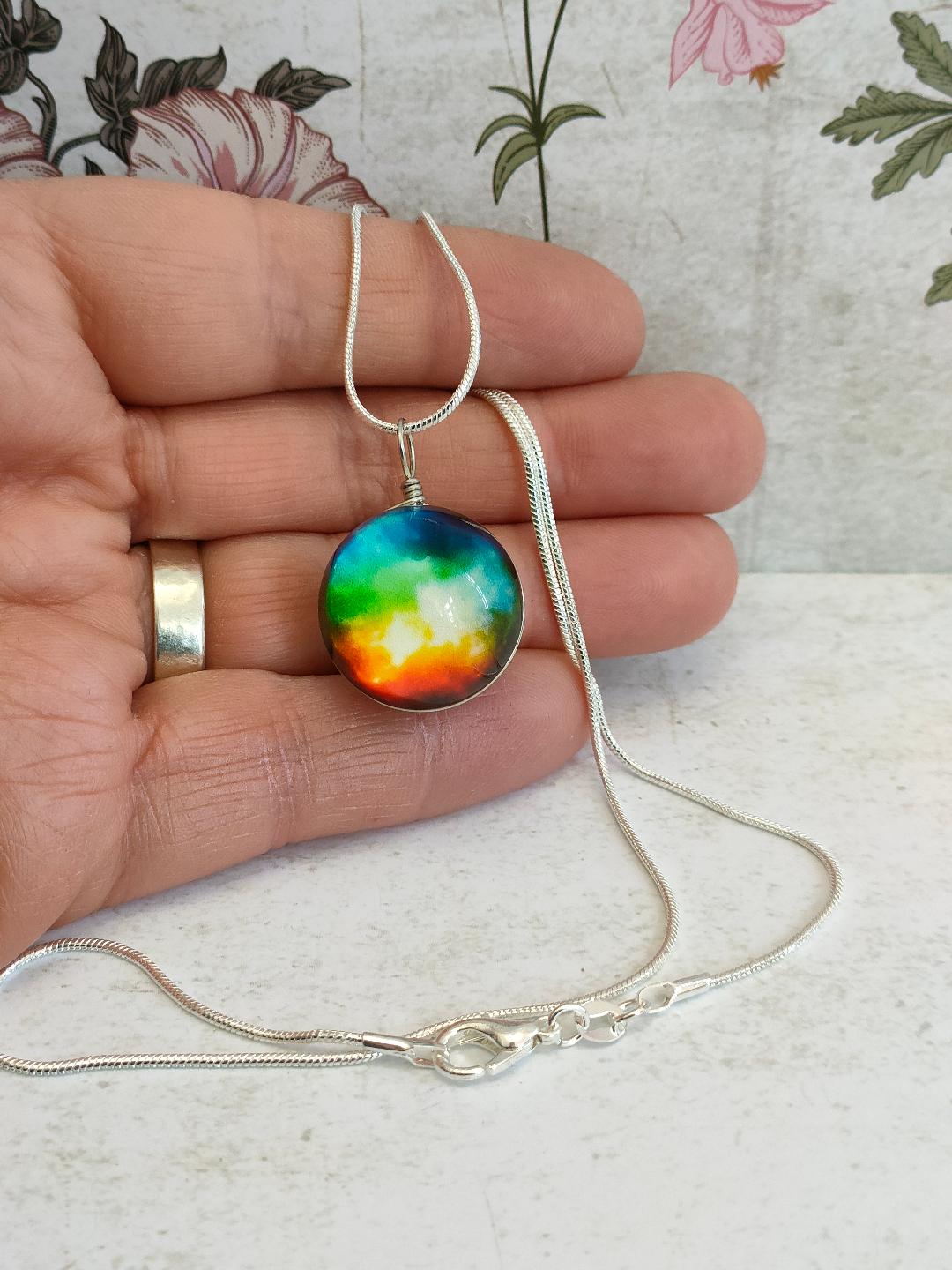 Rainbow Pendant, Wire wrapped Glass Globe Necklace, Glass Silver Pendant, Galaxy Themed Necklaces, Glass Ball Jewellery, Gift for Mum.