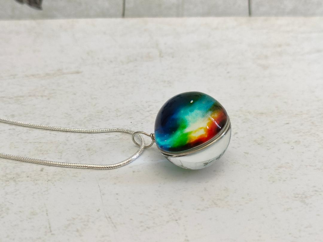 Rainbow Pendant, Wire wrapped Glass Globe Necklace, Glass Silver Pendant, Galaxy Themed Necklaces, Glass Ball Jewellery, Gift for Mum.
