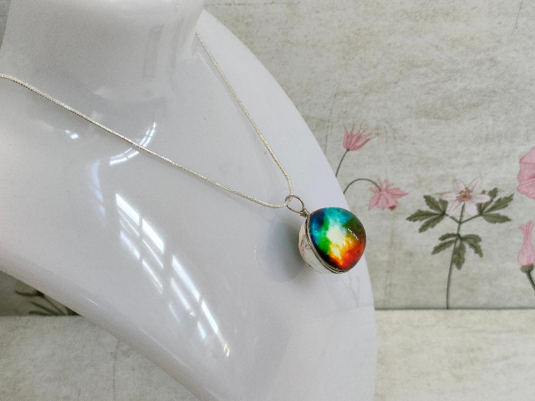 Rainbow Pendant, Wire wrapped Glass Globe Necklace, Glass Silver Pendant, Galaxy Themed Necklaces, Glass Ball Jewellery, Gift for Mum.