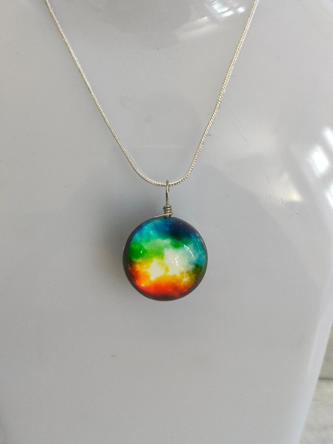 Rainbow Pendant, Wire wrapped Glass Globe Necklace, Glass Silver Pendant, Galaxy Themed Necklaces, Glass Ball Jewellery, Gift for Mum.
