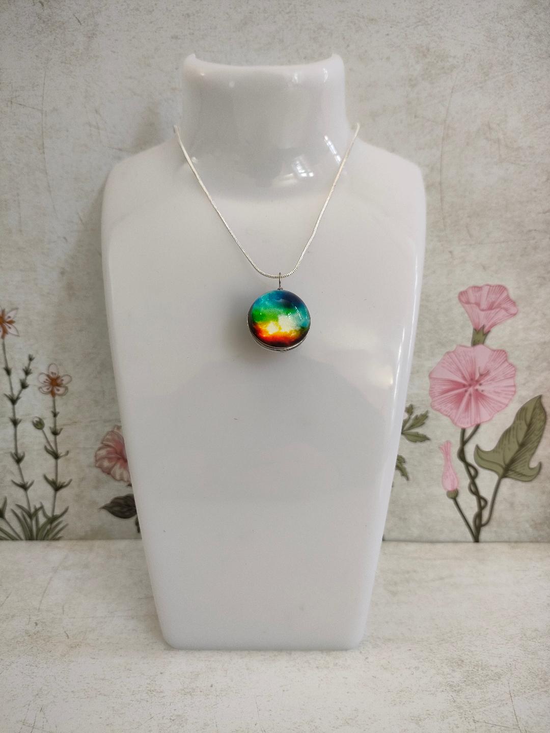 Rainbow Pendant, Wire wrapped Glass Globe Necklace, Glass Silver Pendant, Galaxy Themed Necklaces, Glass Ball Jewellery, Gift for Mum.
