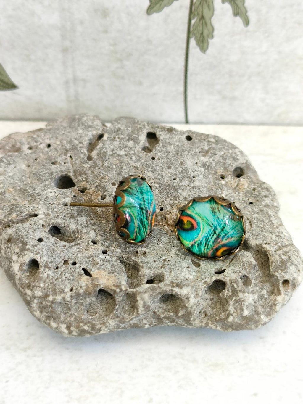 Antique Bronze Peacock Stud Earrings with 12mm Blue Glass Dome for Women, Elegant Purple Glass Dome Peacock Stud Earrings, Bird Lover Gift