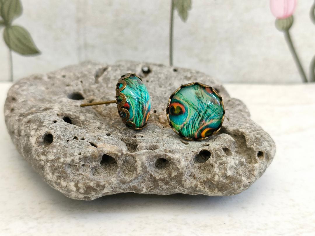 Antique Bronze Peacock Stud Earrings with 12mm Blue Glass Dome for Women, Elegant Purple Glass Dome Peacock Stud Earrings, Bird Lover Gift