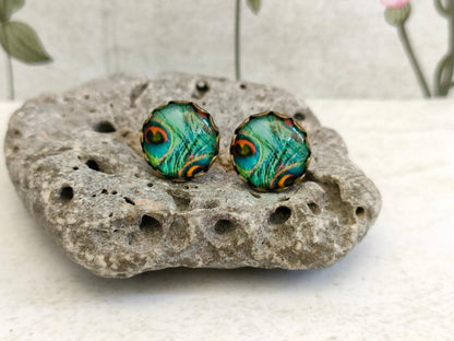 Antique Bronze Peacock Stud Earrings with 12mm Blue Glass Dome for Women, Elegant Purple Glass Dome Peacock Stud Earrings, Bird Lover Gift