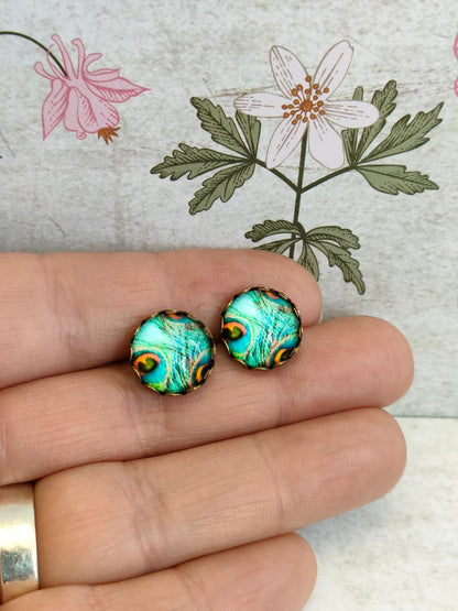 Antique Bronze Peacock Stud Earrings with 12mm Blue Glass Dome for Women, Elegant Purple Glass Dome Peacock Stud Earrings, Bird Lover Gift