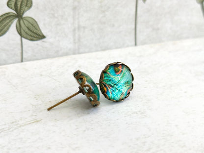 Antique Bronze Peacock Stud Earrings with 12mm Blue Glass Dome for Women, Elegant Purple Glass Dome Peacock Stud Earrings, Bird Lover Gift