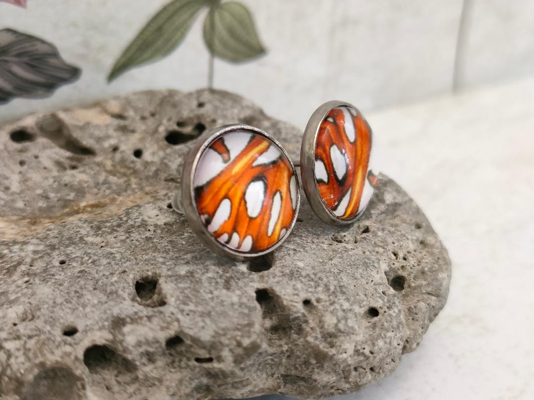 Copy of 12mm Butterfly Wing Print Studs, Insect Earrings for Her, Orange White and Black Butterfly Earrings, Gift for Mum, Hypoallergenic Studs.