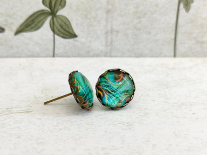 Antique Bronze Peacock Stud Earrings with 12mm Blue Glass Dome for Women, Elegant Purple Glass Dome Peacock Stud Earrings, Bird Lover Gift