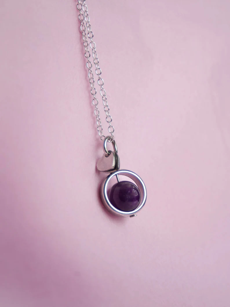 Fidget Necklaces, Amethyst Beed Fidget Jewellery with Stainless Steel Hearts, Worry Jewellery.