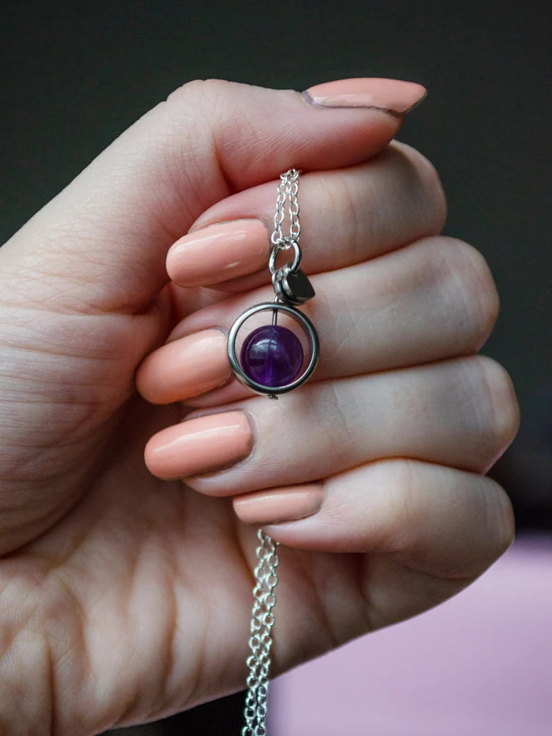 Fidget Necklaces, Amethyst Beed Fidget Jewellery with Stainless Steel Hearts, Worry Jewellery.