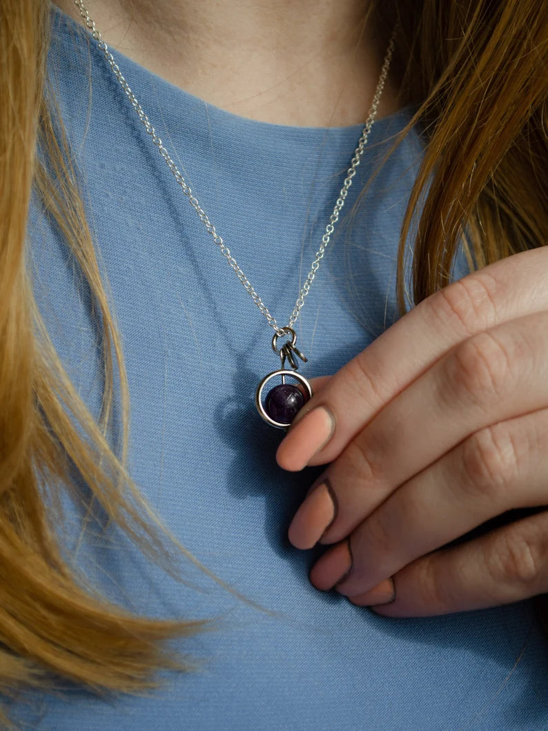 Fidget Necklaces, Amethyst Beed Fidget Jewellery with Stainless Steel Hearts, Worry Jewellery.