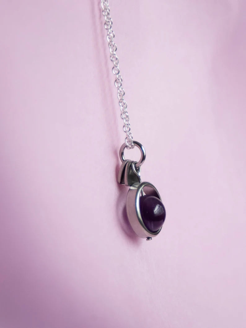 Fidget Necklaces, Amethyst Beed Fidget Jewellery with Stainless Steel Hearts, Worry Jewellery.