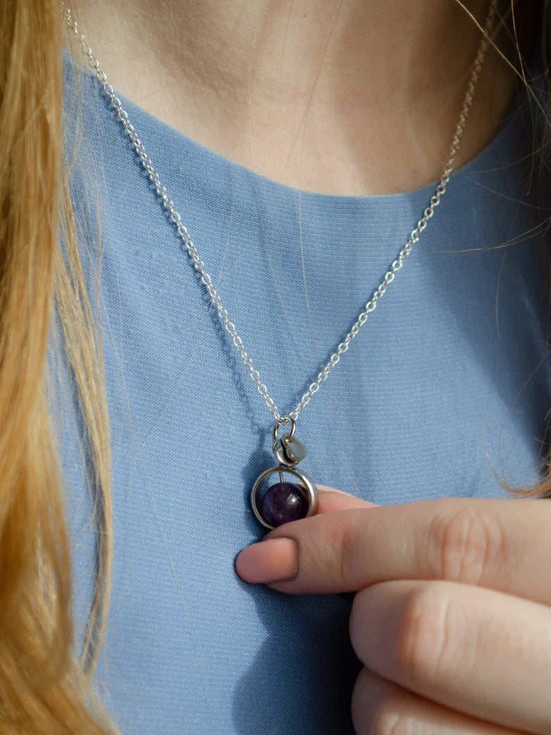 Fidget Necklaces, Amethyst Beed Fidget Jewellery with Stainless Steel Hearts, Worry Jewellery.