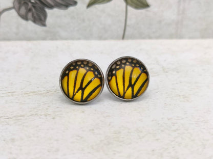 Copy of 12mm Butterfly Wing Print Studs, Insect Earrings for Her, Yellow and Black Butterfly Earrings, Gift for Mum, Hypoallergenic Studs.