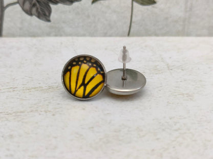 Copy of 12mm Butterfly Wing Print Studs, Insect Earrings for Her, Yellow and Black Butterfly Earrings, Gift for Mum, Hypoallergenic Studs.