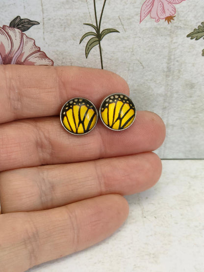 Copy of 12mm Butterfly Wing Print Studs, Insect Earrings for Her, Yellow and Black Butterfly Earrings, Gift for Mum, Hypoallergenic Studs.