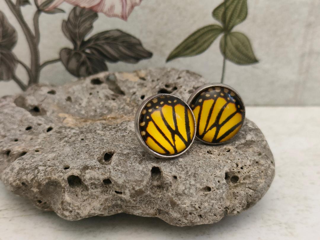 Copy of 12mm Butterfly Wing Print Studs, Insect Earrings for Her, Yellow and Black Butterfly Earrings, Gift for Mum, Hypoallergenic Studs.