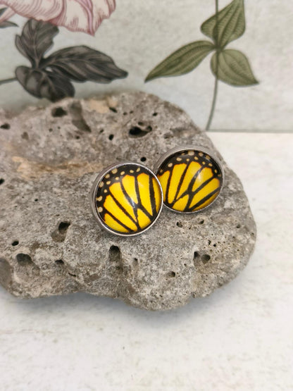 Copy of 12mm Butterfly Wing Print Studs, Insect Earrings for Her, Yellow and Black Butterfly Earrings, Gift for Mum, Hypoallergenic Studs.