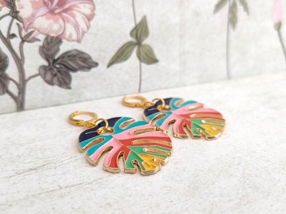 Rainbow Enamel Leaf Huggie Hoop Earrings, Oversized Hoops, Hippy Earrings, Fun Leaf Earrings