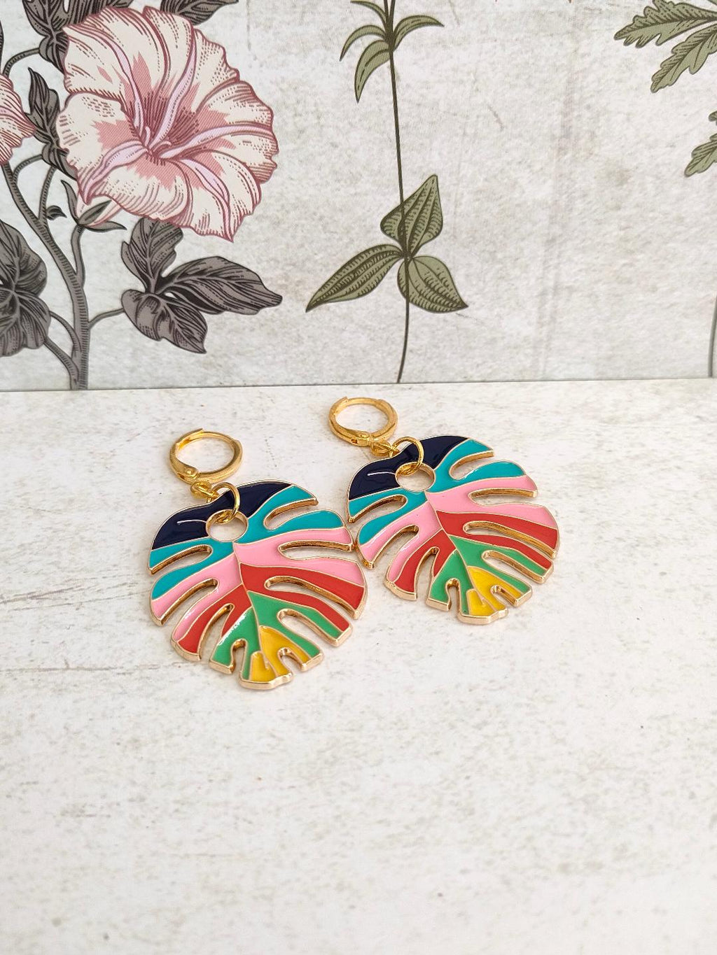 Rainbow Enamel Leaf Huggie Hoop Earrings, Oversized Hoops, Hippy Earrings, Fun Leaf Earrings