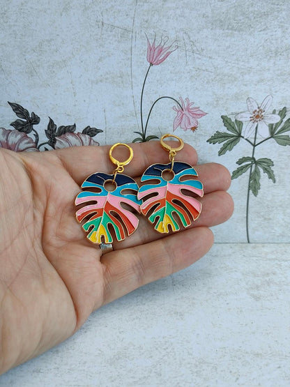 Rainbow Enamel Leaf Huggie Hoop Earrings, Oversized Hoops, Hippy Earrings, Fun Leaf Earrings