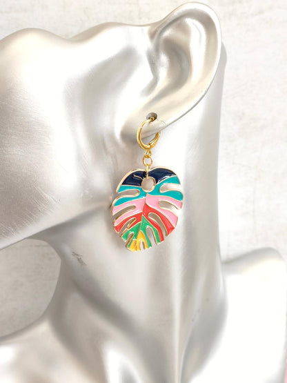 Rainbow Enamel Leaf Huggie Hoop Earrings, Oversized Hoops, Hippy Earrings, Fun Leaf Earrings