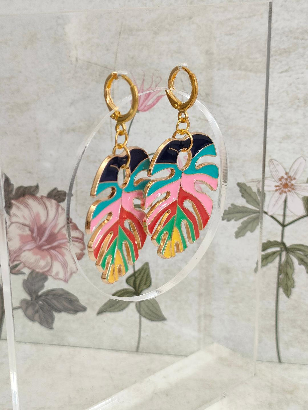 Rainbow Enamel Leaf Huggie Hoop Earrings, Oversized Hoops, Hippy Earrings, Fun Leaf Earrings